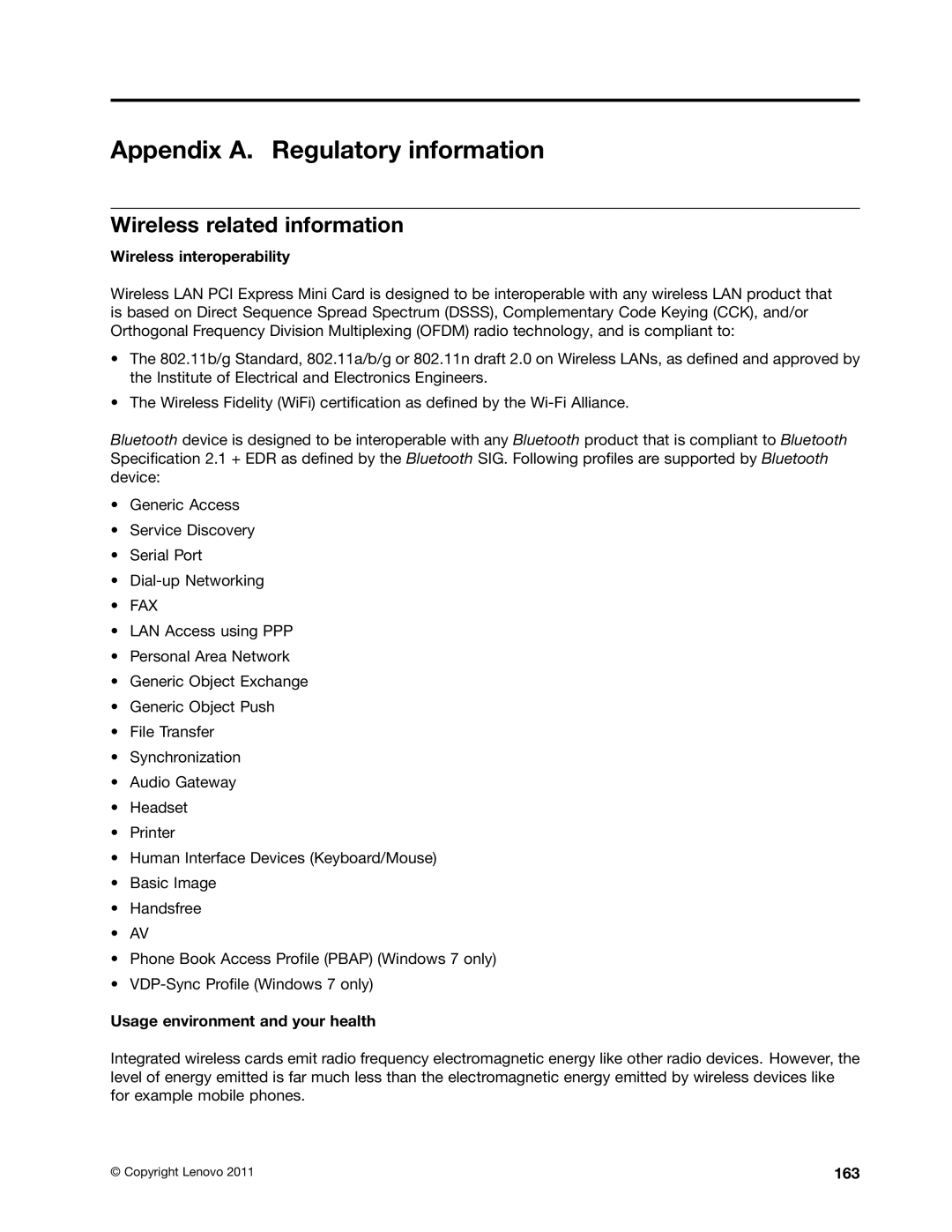 Lenovo E420, E520, 114155U Appendix A. Regulatory information, Wireless related information, Wireless interoperability, 163 