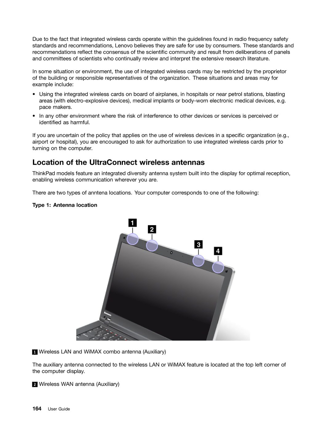 Lenovo 114155U, E520, E420 manual Location of the UltraConnect wireless antennas, Type 1 Antenna location 