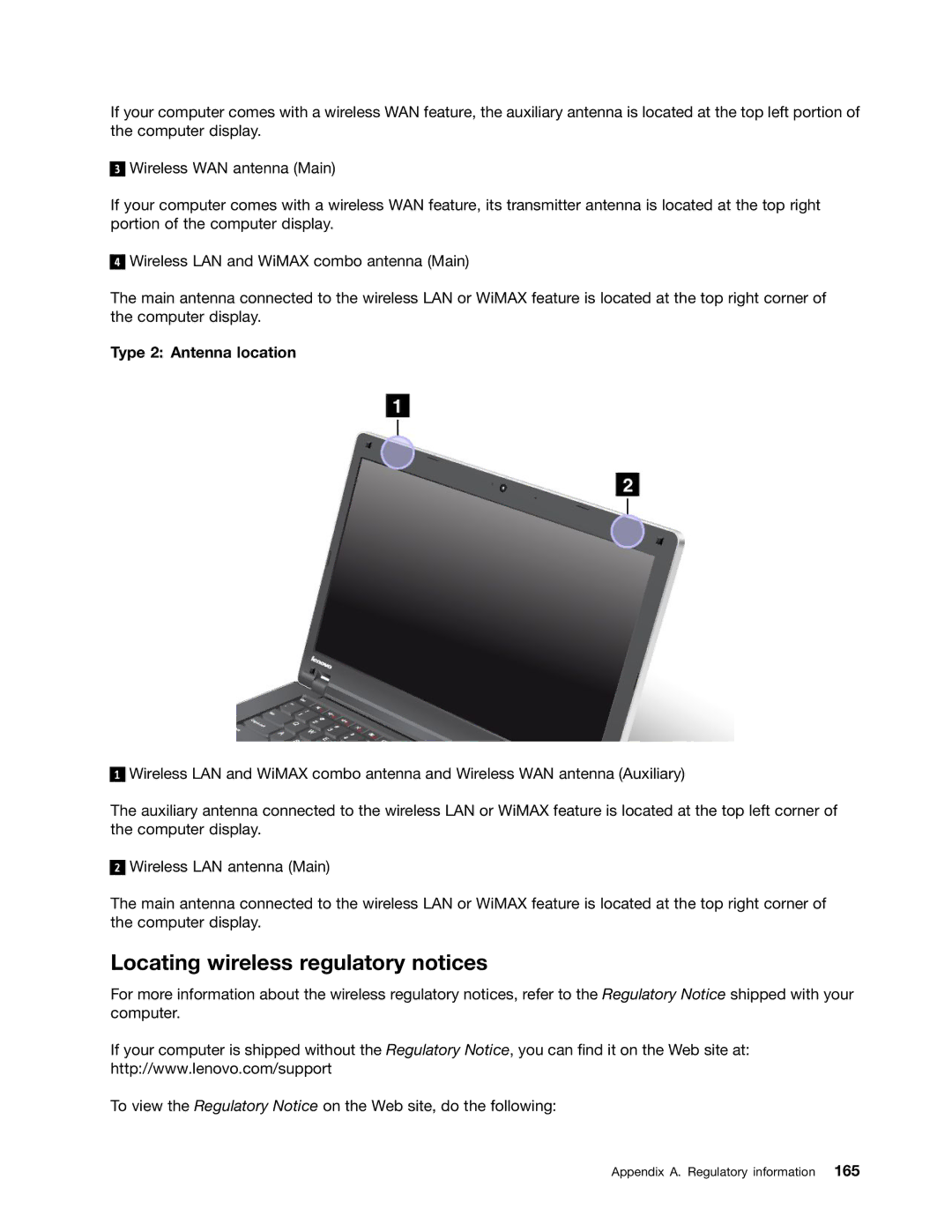 Lenovo E520, E420, 114155U manual Locating wireless regulatory notices, Type 2 Antenna location 