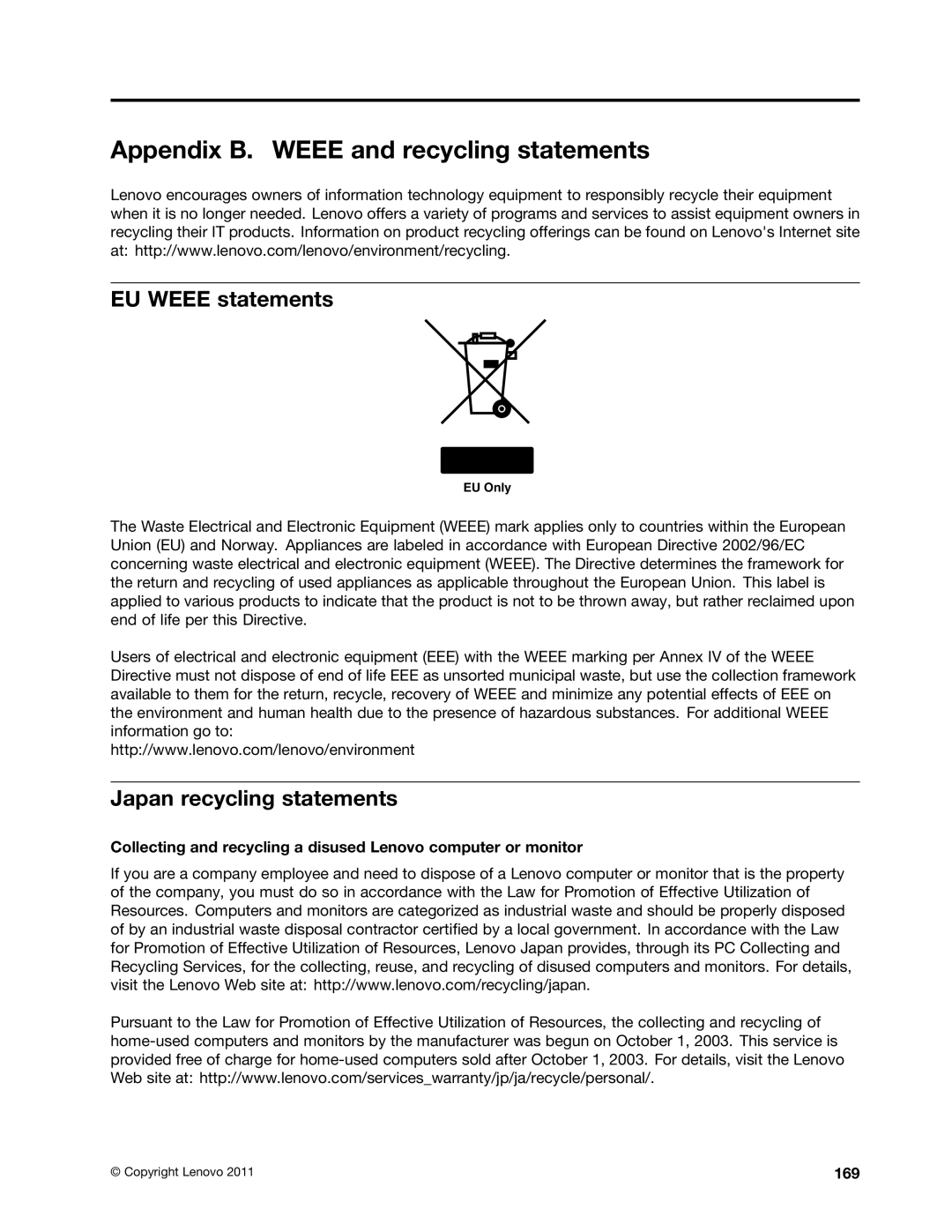 Lenovo E420, E520, 114155U Appendix B. Weee and recycling statements, EU Weee statements, Japan recycling statements, 169 