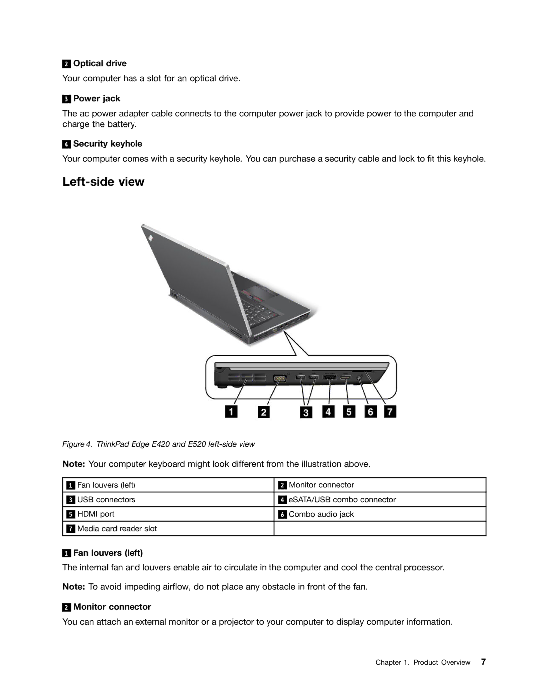 Lenovo E420, E520, 114155U manual Left-side view 