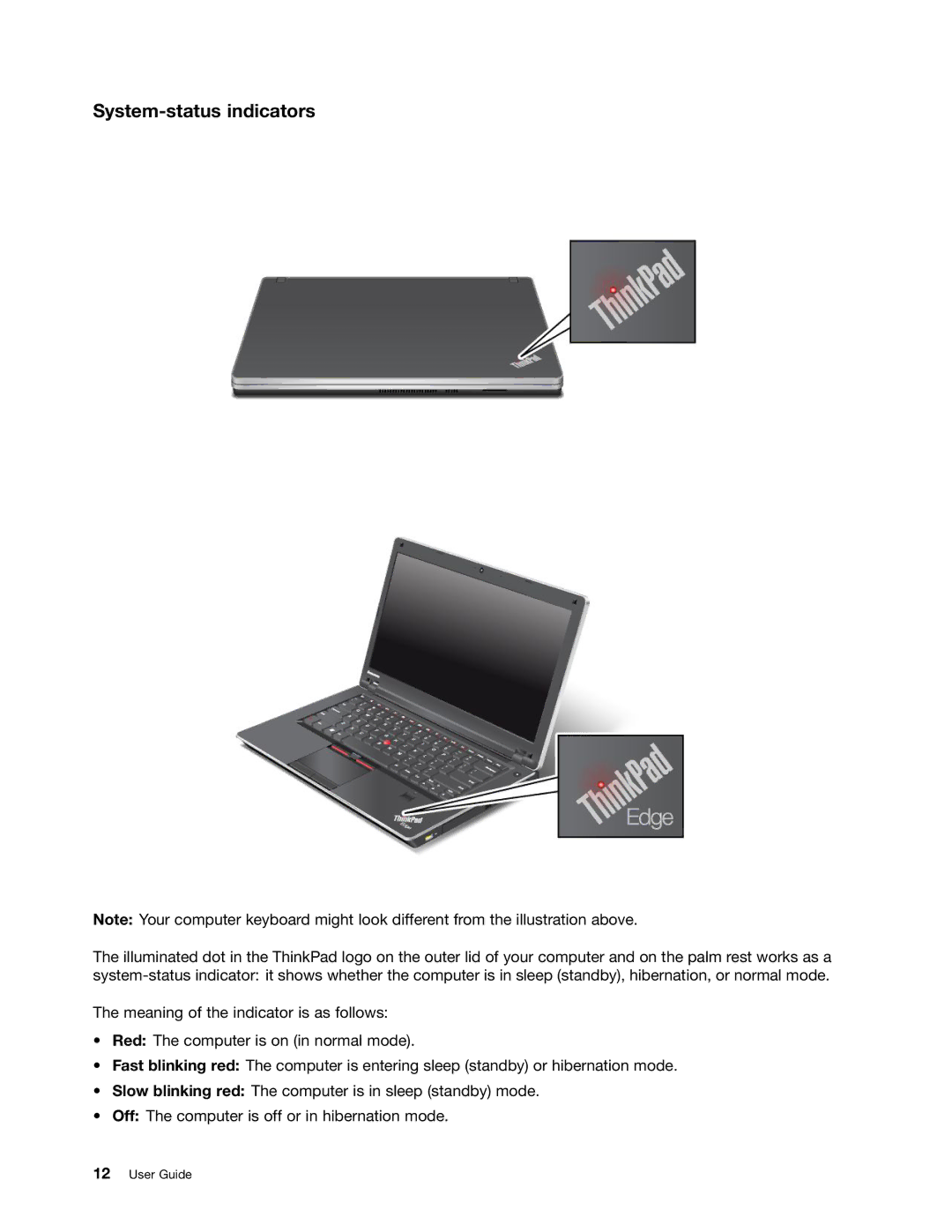 Lenovo E520, E420, 114155U manual System-status indicators 