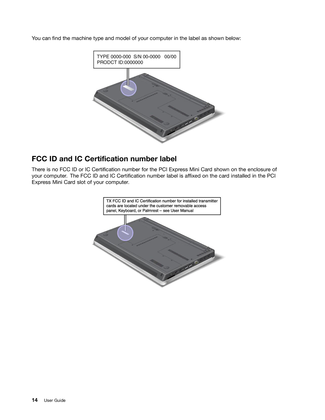 Lenovo 114155U, E520, E420 manual FCC ID and IC Certification number label 