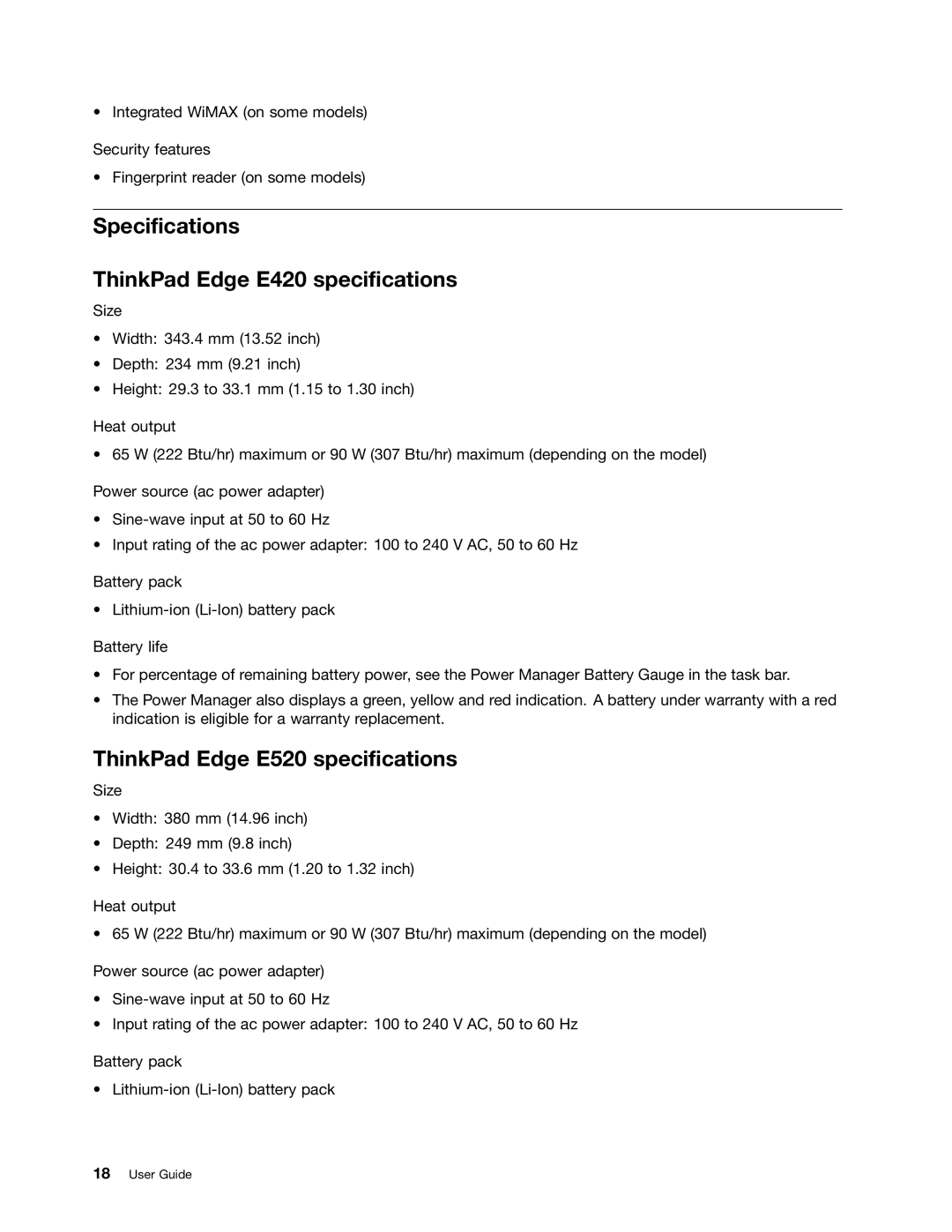 Lenovo 114155U manual Specifications ThinkPad Edge E420 specifications, ThinkPad Edge E520 specifications 