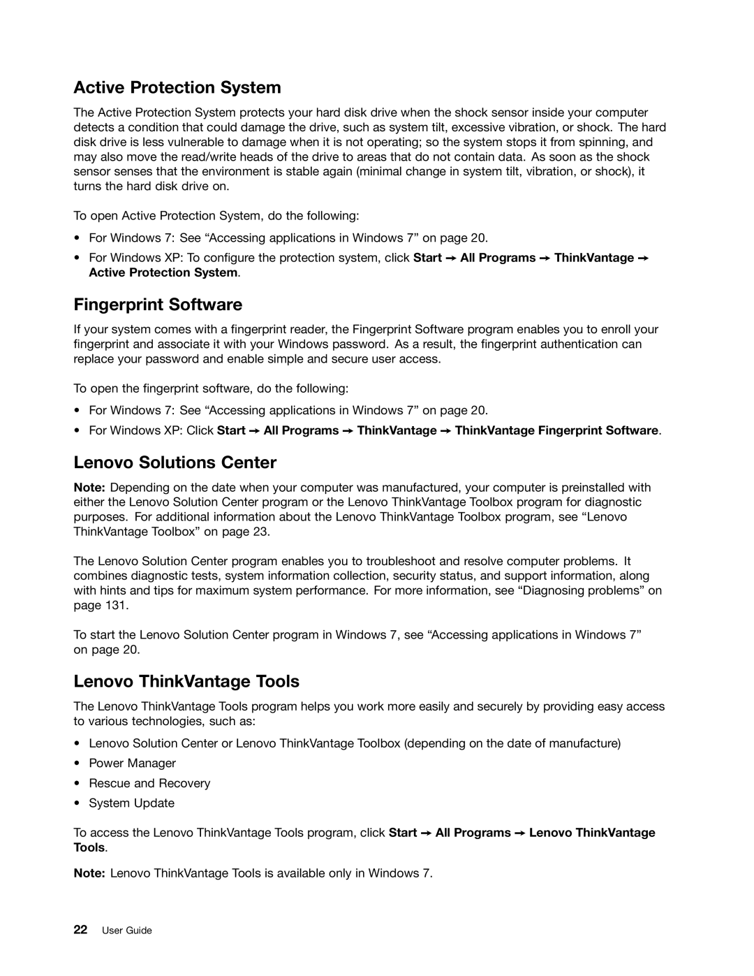 Lenovo E420, E520 manual Active Protection System, Fingerprint Software, Lenovo Solutions Center, Lenovo ThinkVantage Tools 
