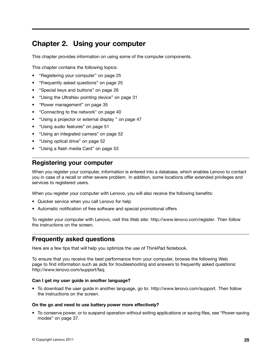 Lenovo E420, E520, 114155U manual Using your computer, Registering your computer, Frequently asked questions 