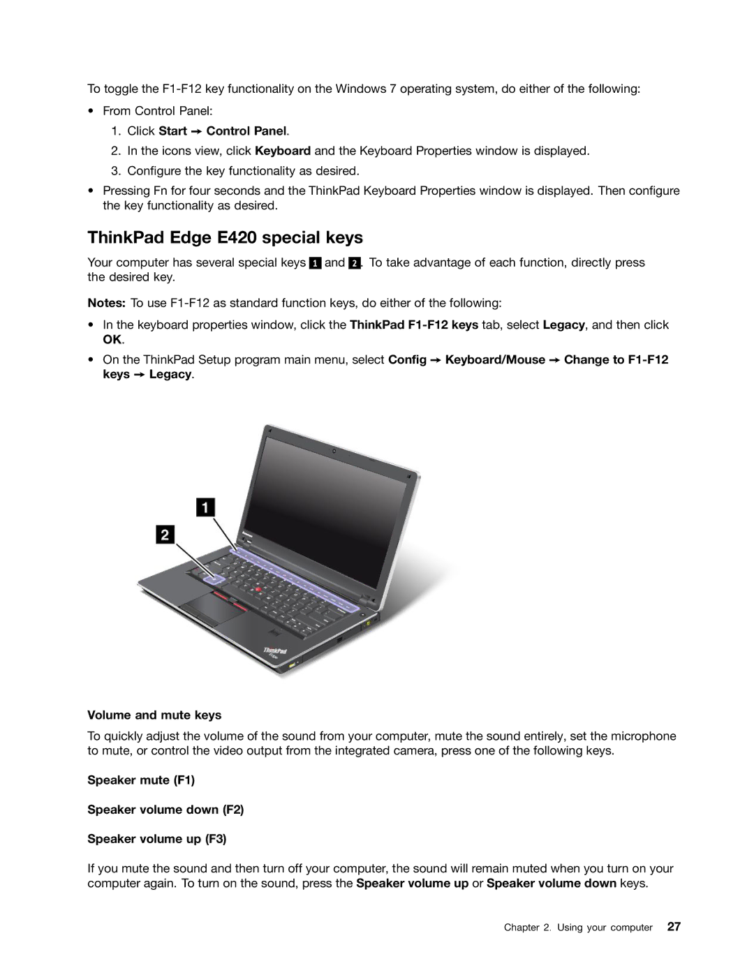 Lenovo E520, 114155U manual ThinkPad Edge E420 special keys, Click Start Control Panel, Volume and mute keys 