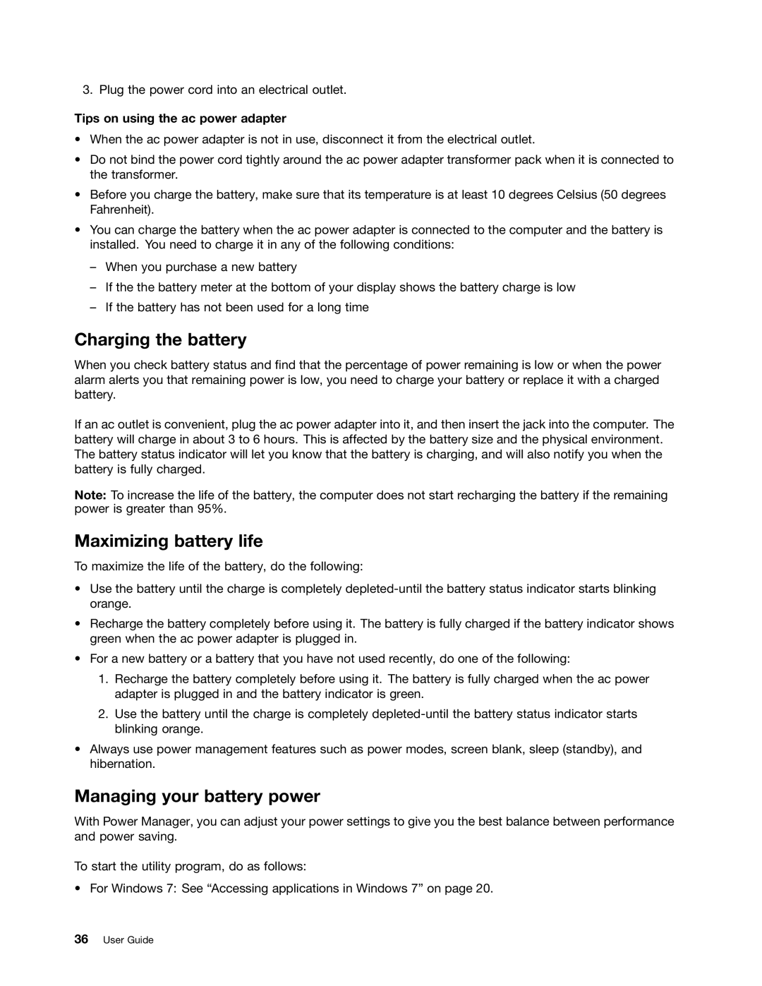 Lenovo E520 Charging the battery, Maximizing battery life, Managing your battery power, Tips on using the ac power adapter 