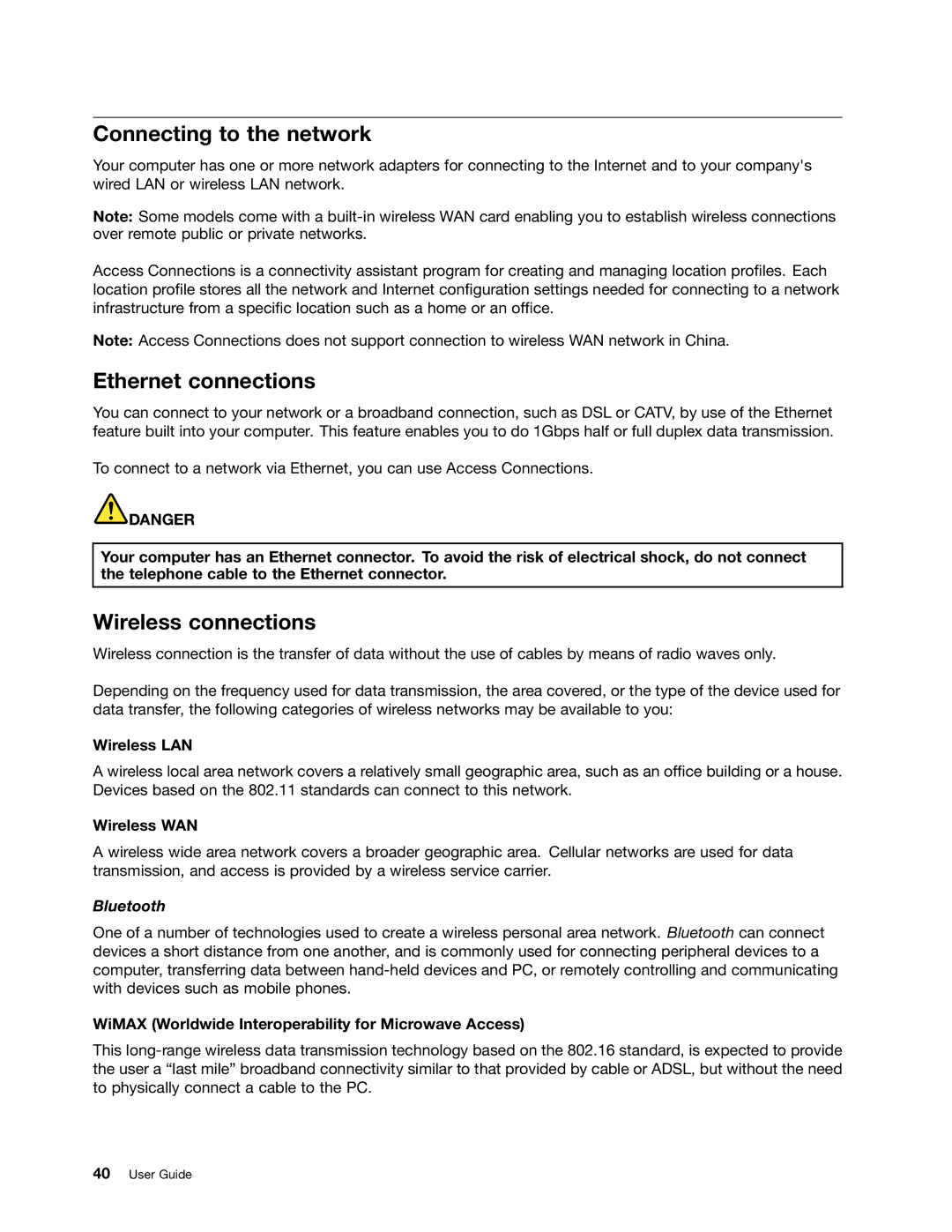 Lenovo E420, E520, 114155U manual Connecting to the network, Ethernet connections, Wireless connections 