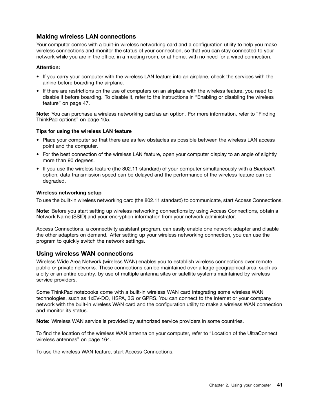 Lenovo 114155U Making wireless LAN connections, Using wireless WAN connections, Tips for using the wireless LAN feature 