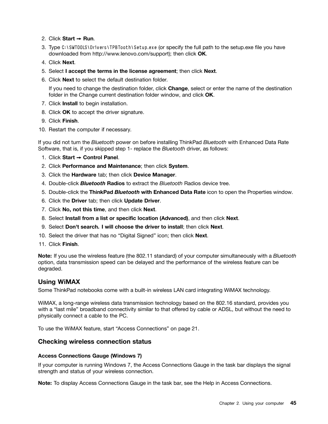 Lenovo E520, E420 manual Using WiMAX, Checking wireless connection status, Click Start Run, Access Connections Gauge Windows 