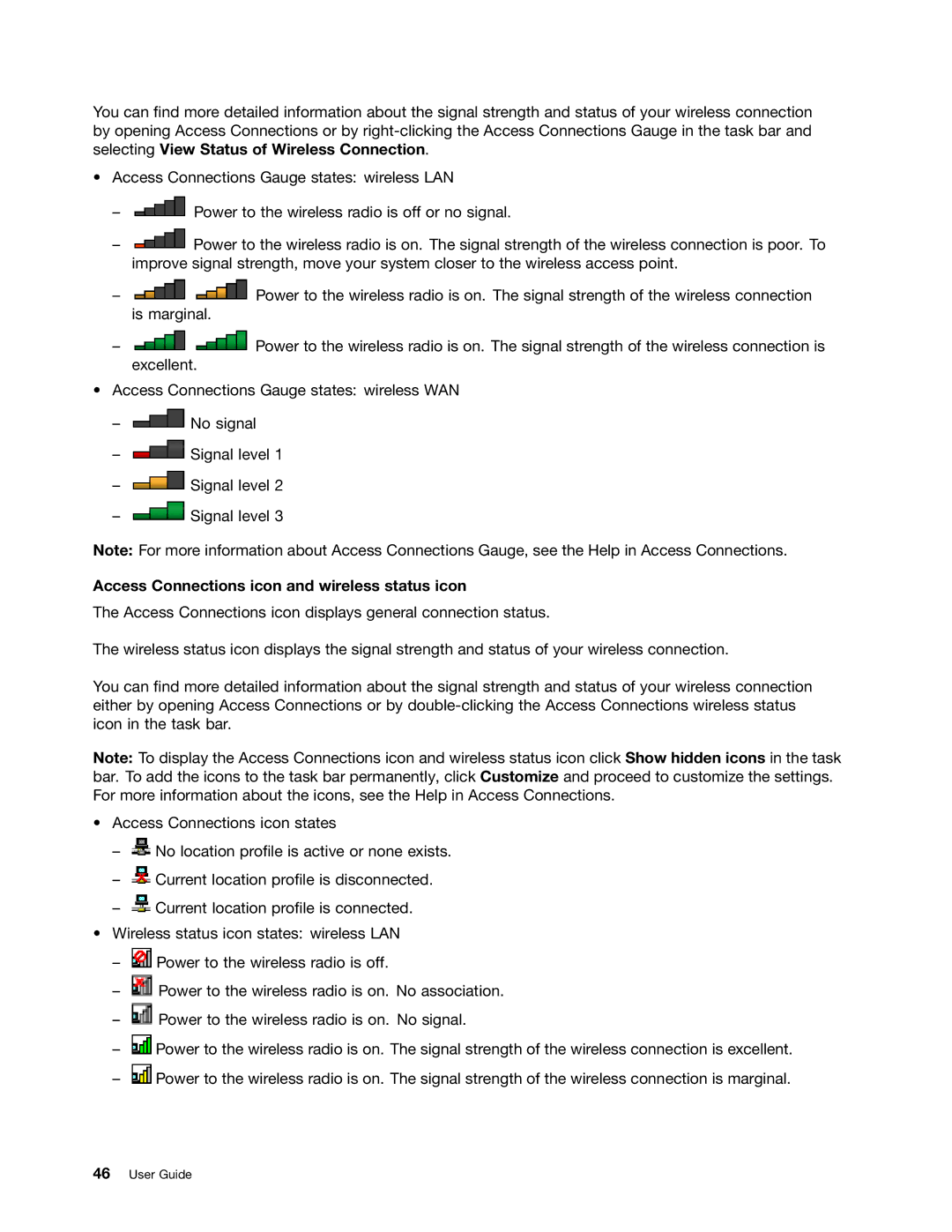 Lenovo E420, E520, 114155U manual Access Connections icon and wireless status icon 