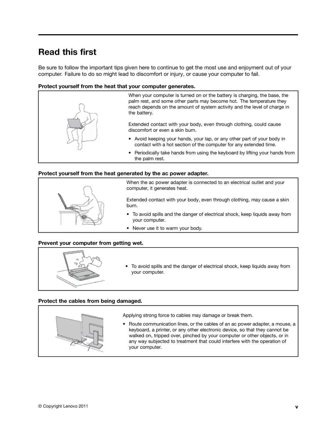 Lenovo E420, E520, 114155U manual Read this first, Protect yourself from the heat that your computer generates 