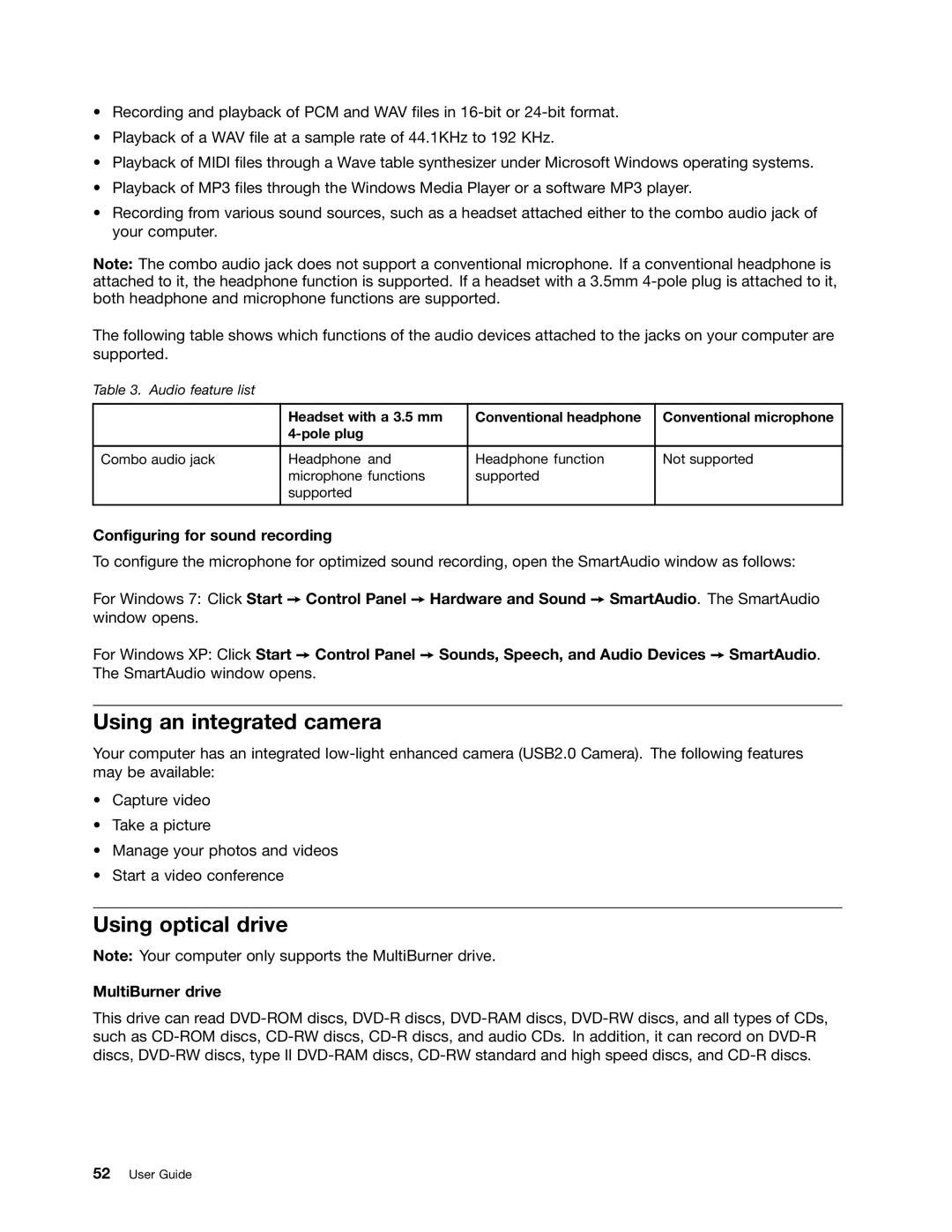 Lenovo E420, E520 manual Using an integrated camera, Using optical drive, Configuring for sound recording, MultiBurner drive 