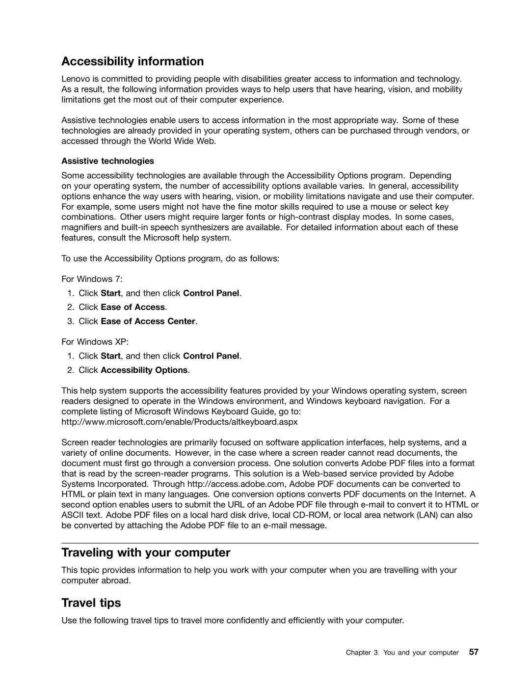 Lenovo E520, E420, 114155U manual Accessibility information, Traveling with your computer, Travel tips 