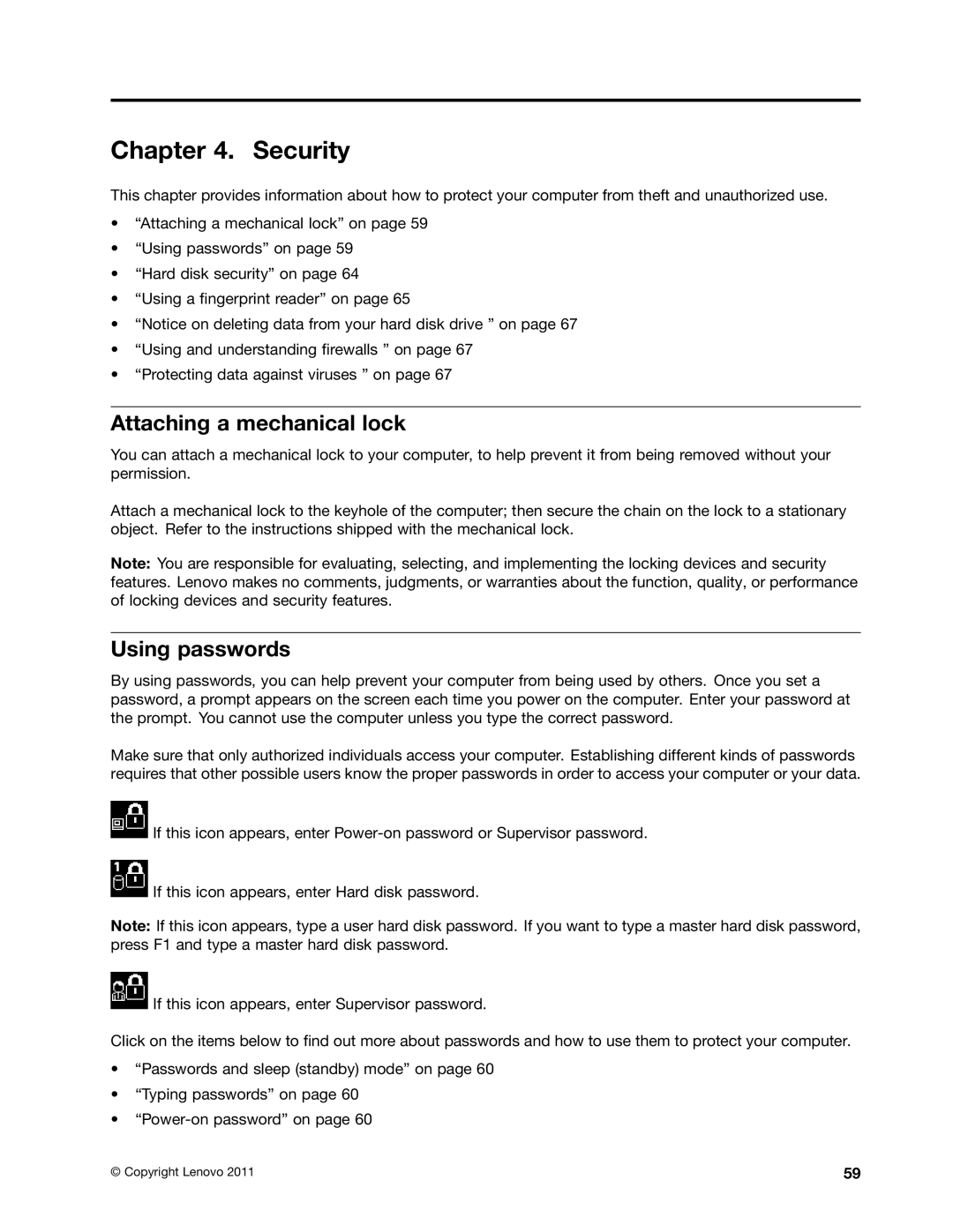 Lenovo 114155U, E520, E420 manual Security, Attaching a mechanical lock, Using passwords 