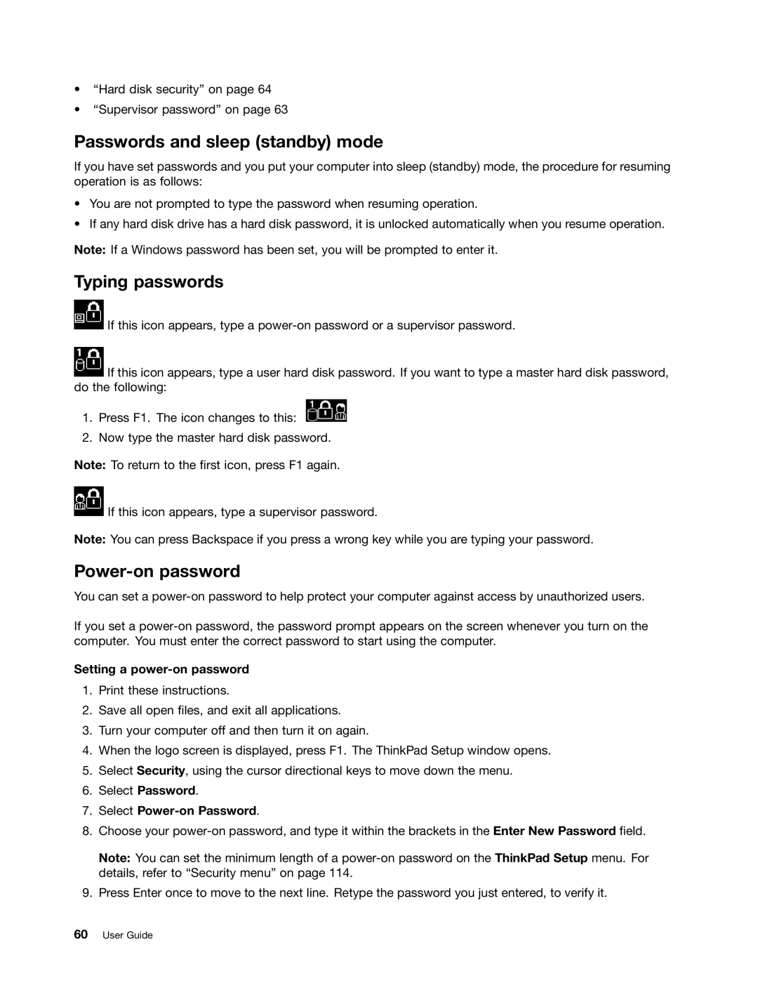 Lenovo E520, E420 manual Passwords and sleep standby mode, Typing passwords, Power-on password, Setting a power-on password 