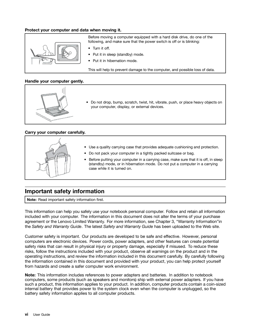 Lenovo 114155U Important safety information, Protect your computer and data when moving it, Handle your computer gently 