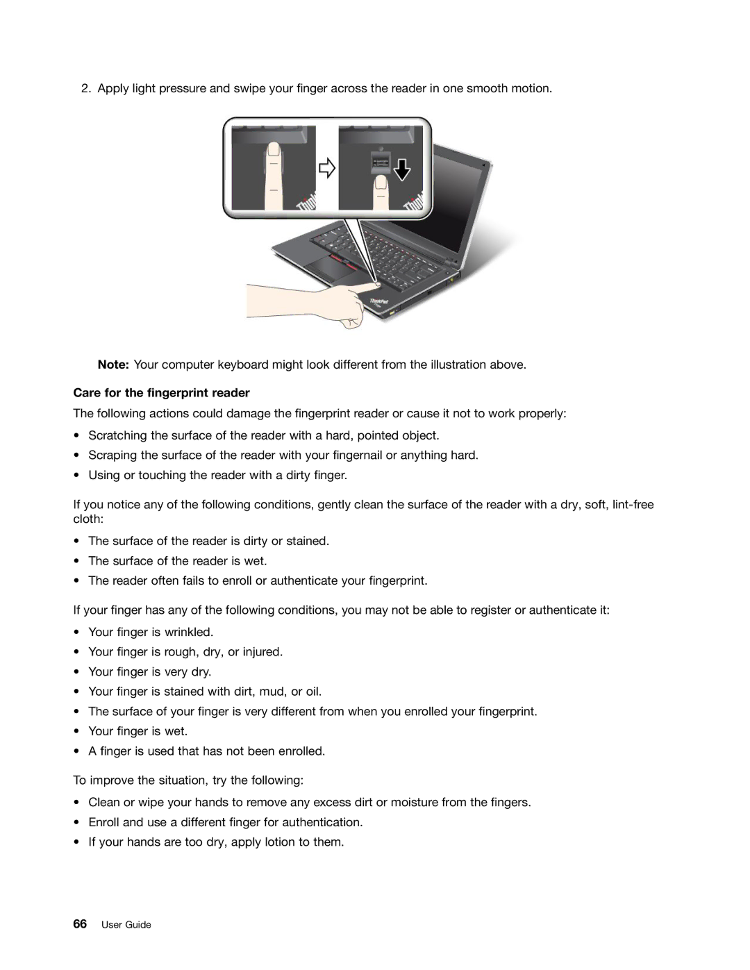 Lenovo E520, E420, 114155U manual Care for the fingerprint reader 