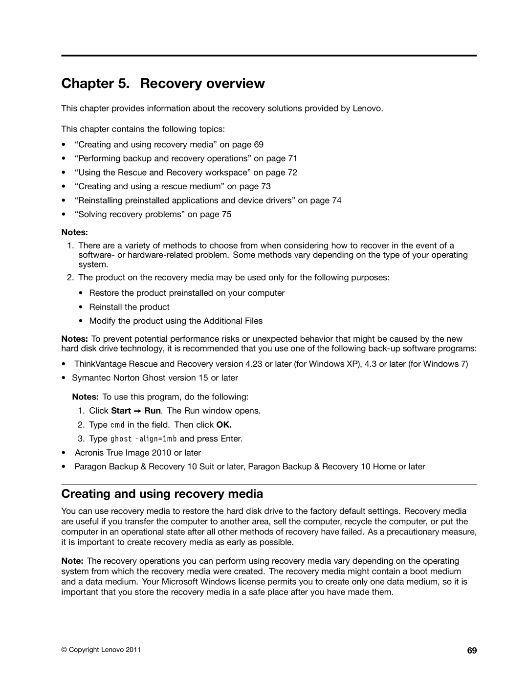 Lenovo E520, E420, 114155U manual Recovery overview, Creating and using recovery media 