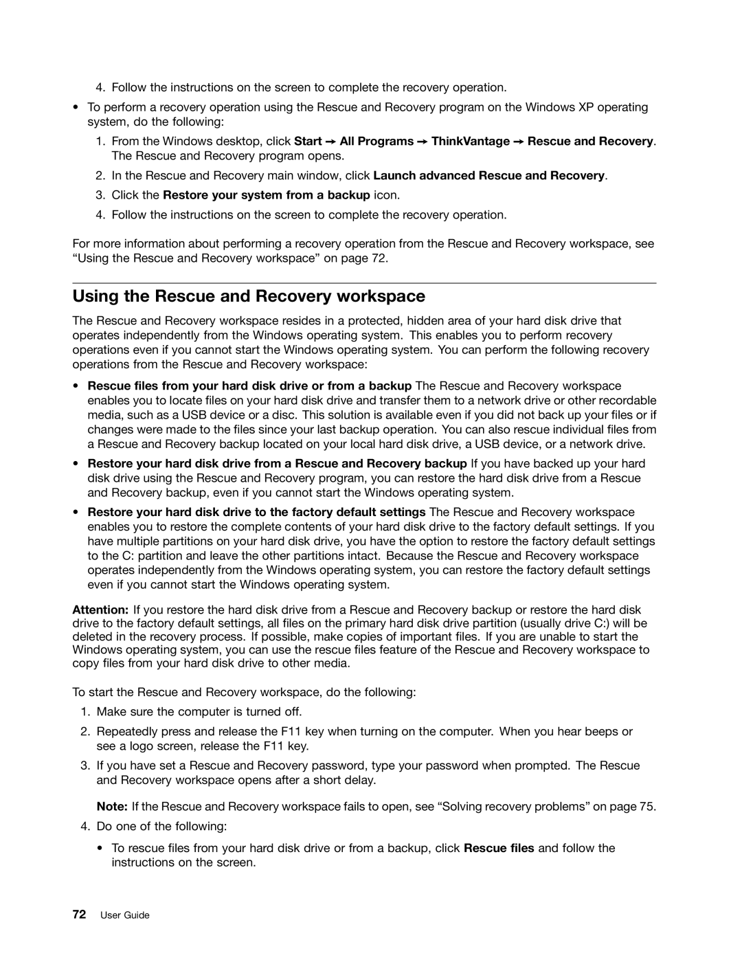 Lenovo E520, E420, 114155U manual Using the Rescue and Recovery workspace 