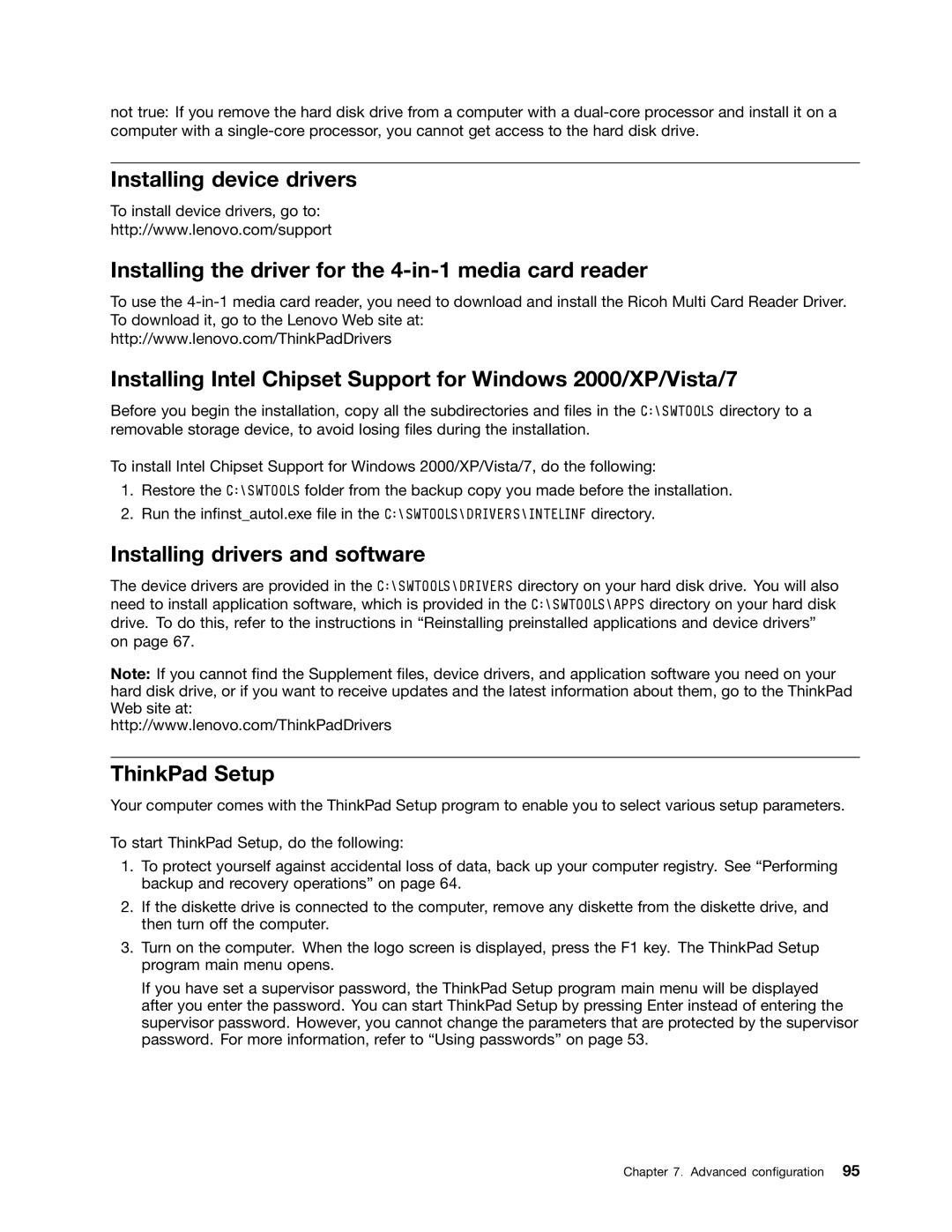 Lenovo E425, E525 manual Installing device drivers, Installing the driver for the 4-in-1 media card reader, ThinkPad Setup 