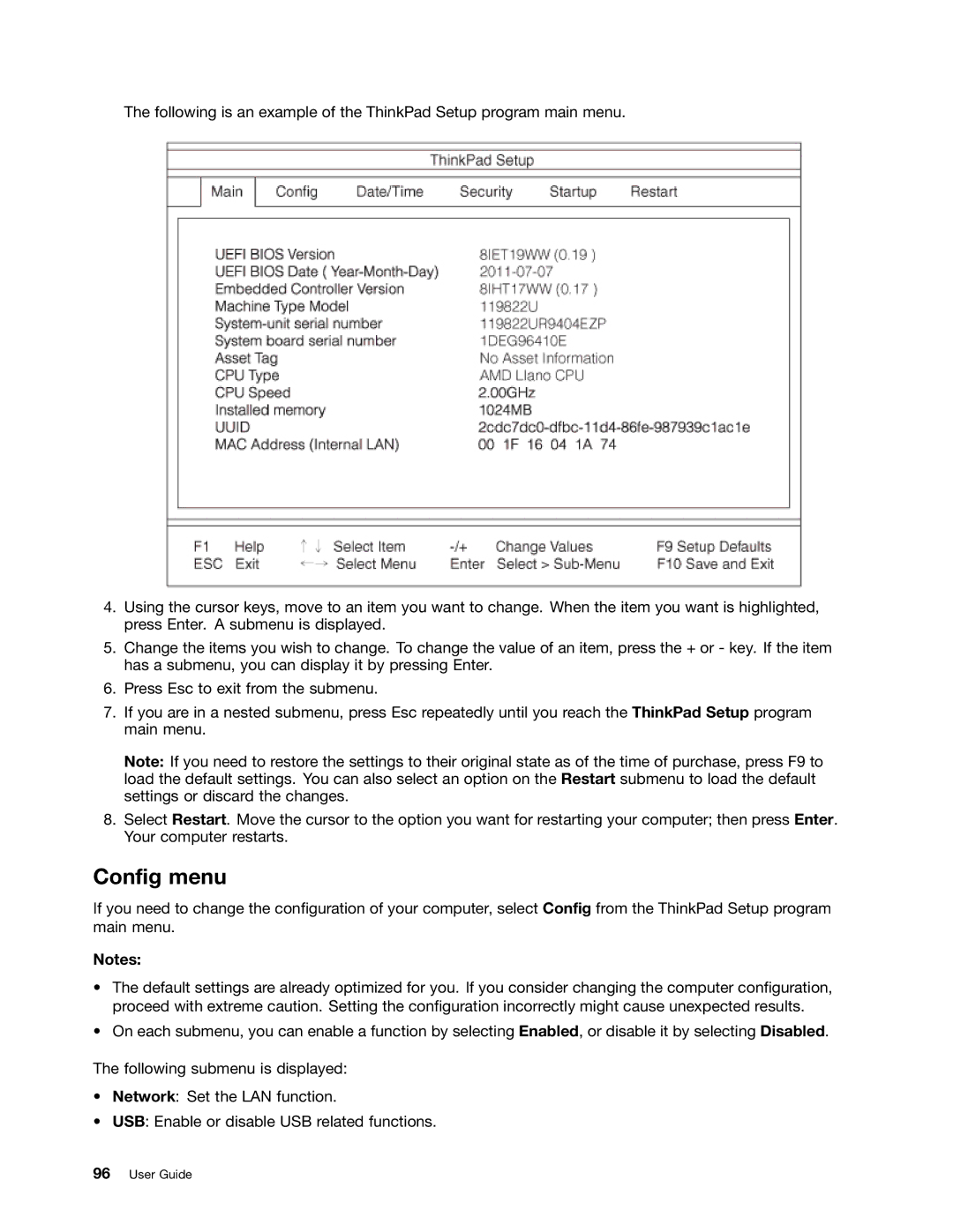 Lenovo E525, E425 manual Config menu 