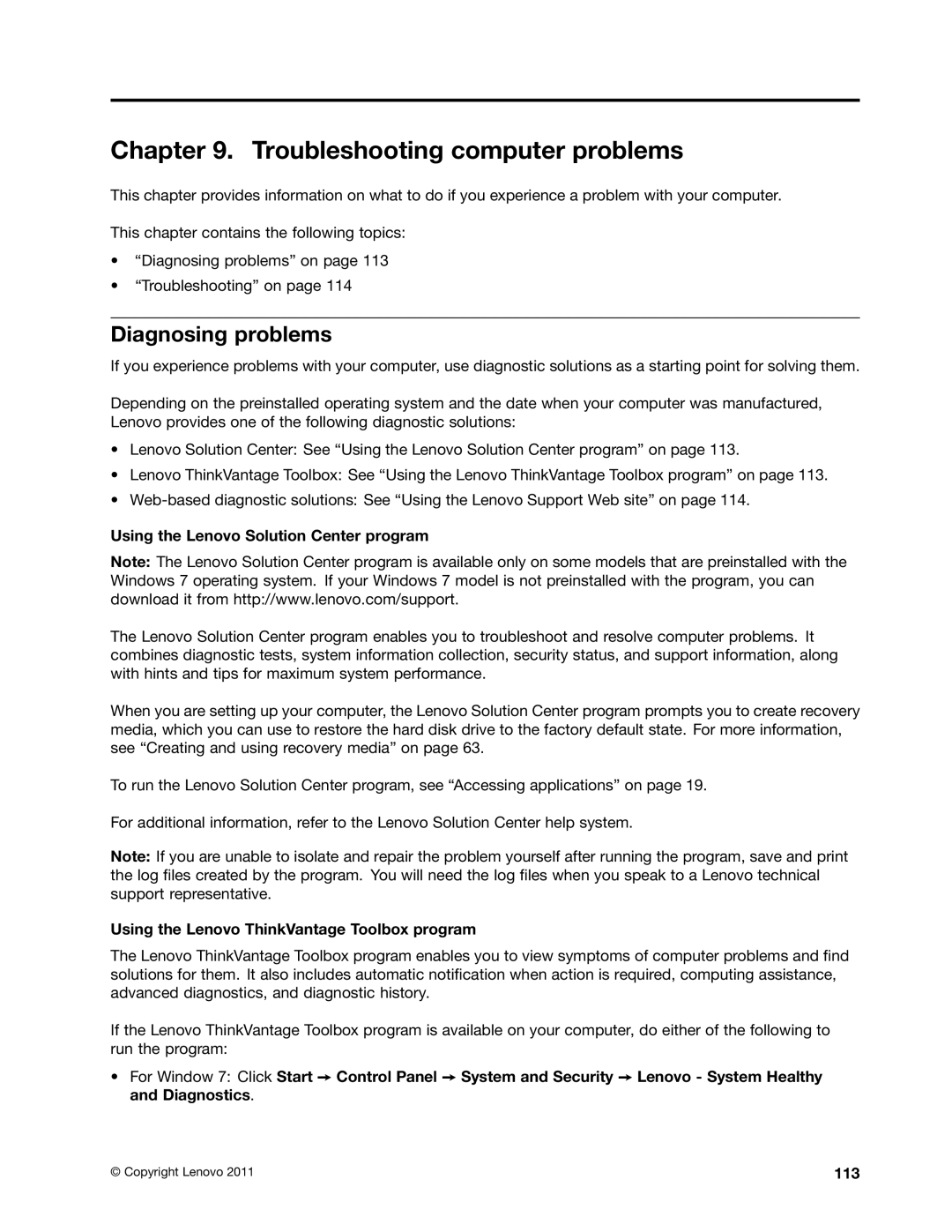 Lenovo E425, E525 Troubleshooting computer problems, Diagnosing problems, Using the Lenovo Solution Center program, 113 