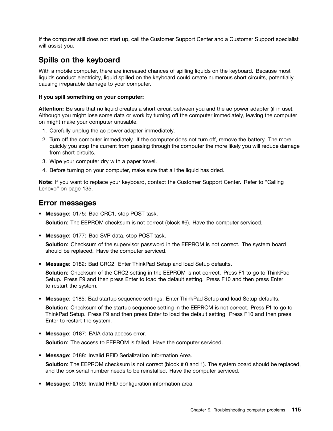 Lenovo E425, E525 manual Spills on the keyboard, Error messages, If you spill something on your computer 