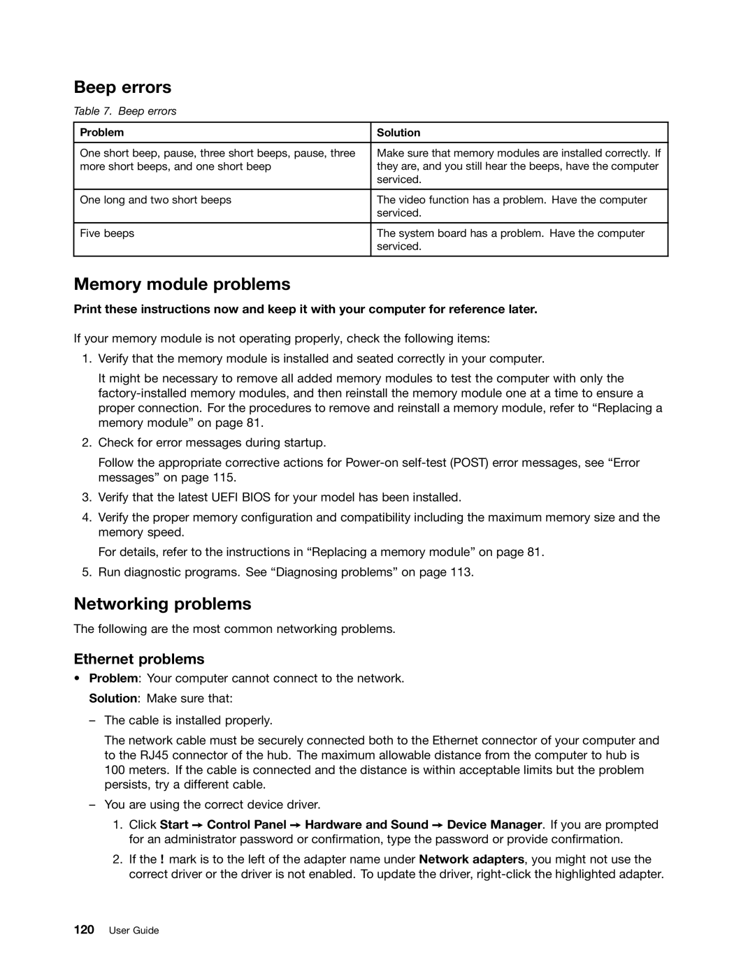 Lenovo E525, E425 manual Beep errors, Memory module problems, Networking problems, Ethernet problems 