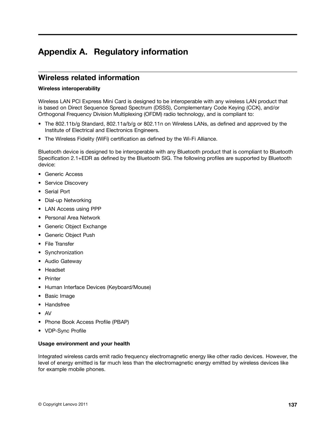 Lenovo E425, E525 manual Appendix A. Regulatory information, Wireless related information, Wireless interoperability, 137 