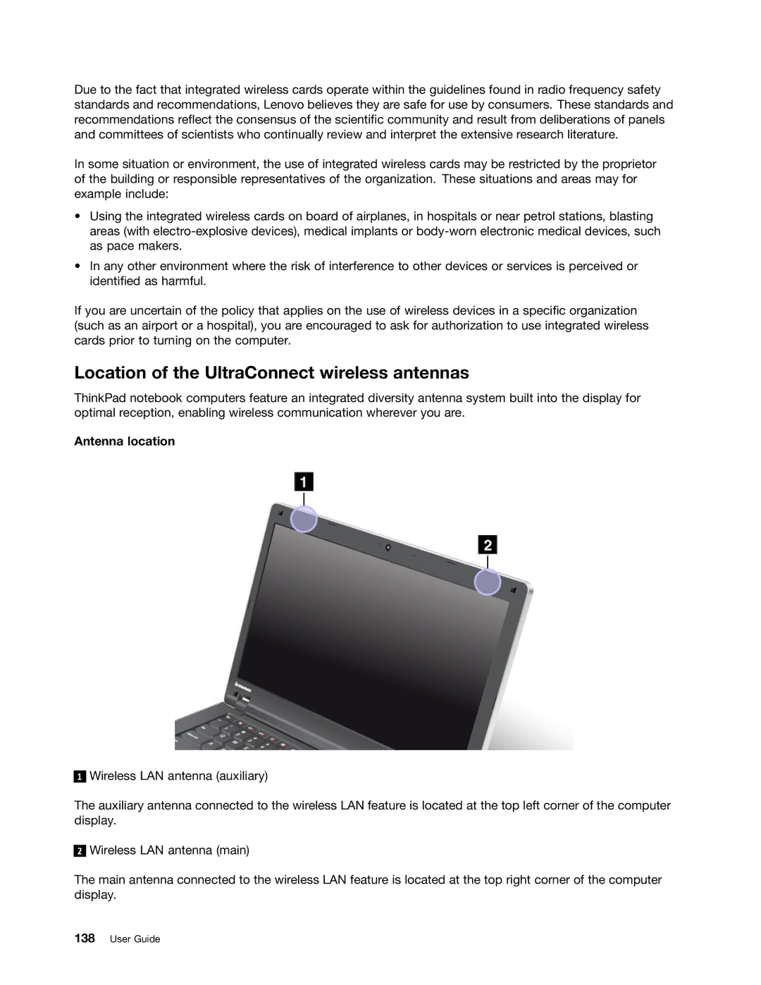 Lenovo E525, E425 manual Location of the UltraConnect wireless antennas, Antenna location 