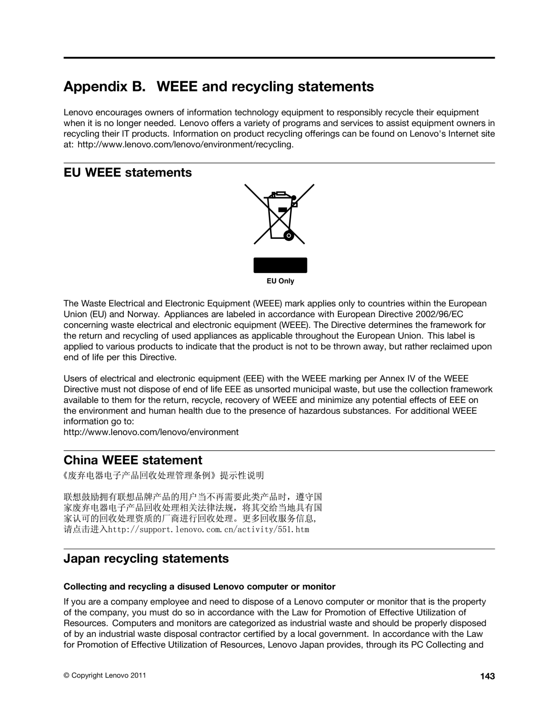 Lenovo E425 Appendix B. Weee and recycling statements, EU Weee statements, China Weee statement Japan recycling statements 