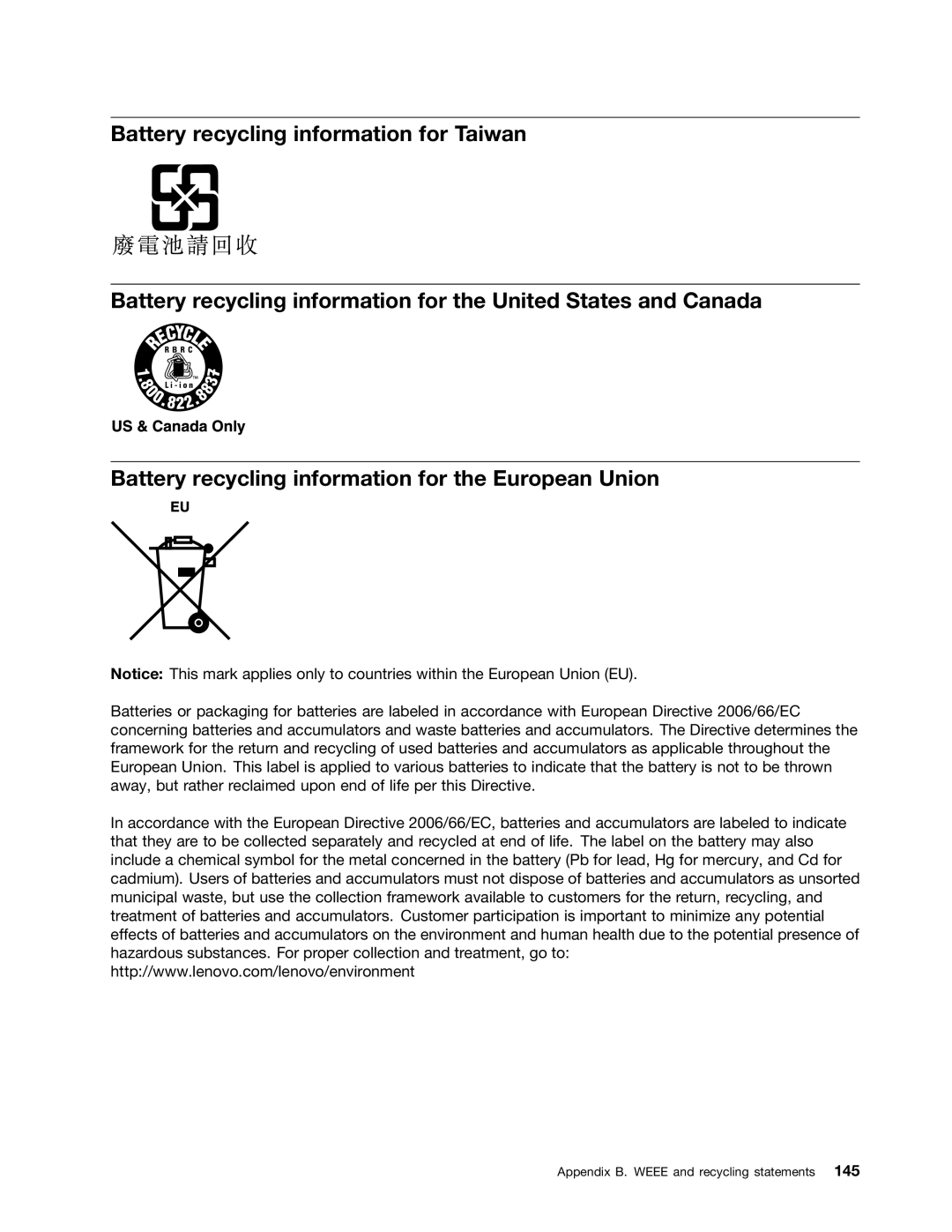 Lenovo E425, E525 manual Appendix B. Weee and recycling statements 