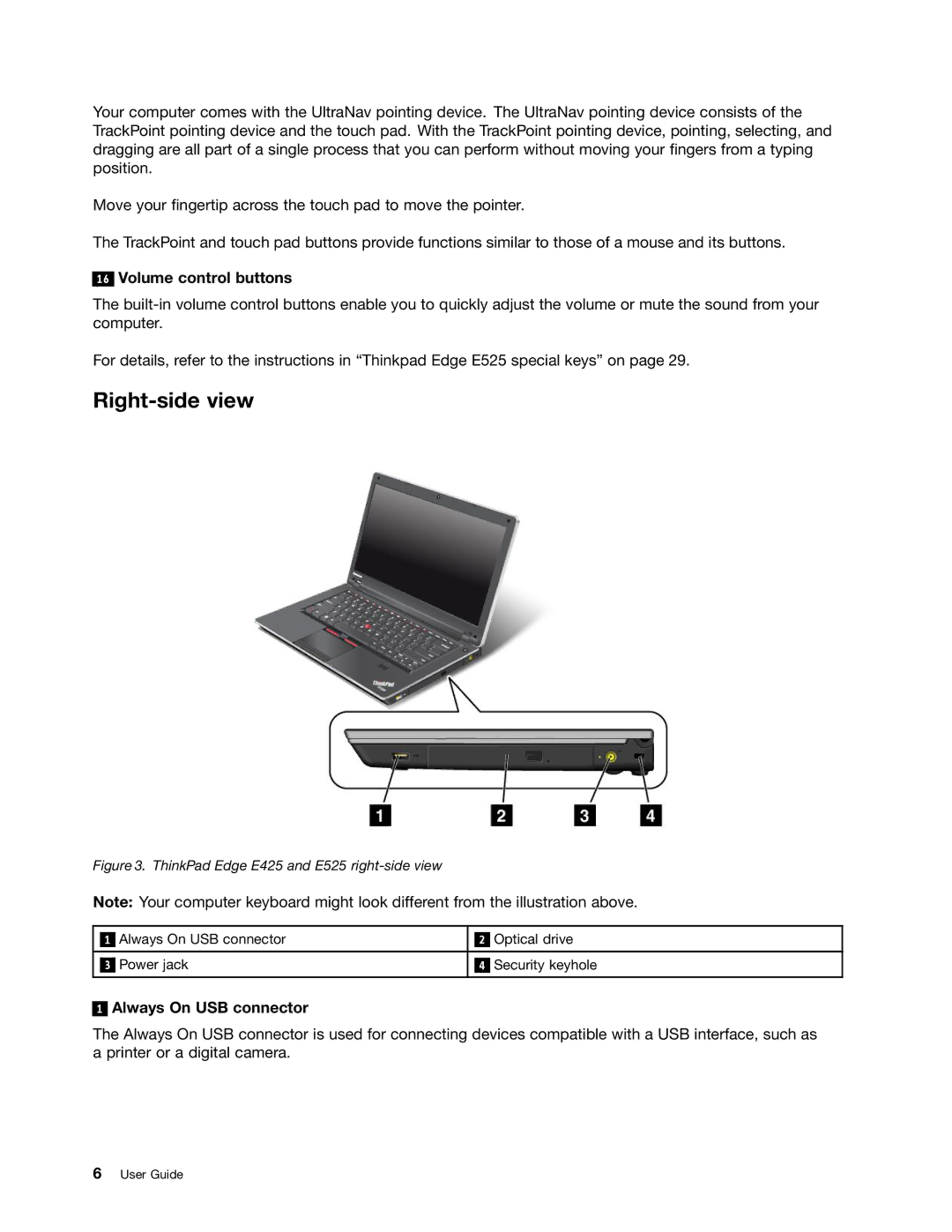 Lenovo E525, E425 manual Right-side view, Always On USB connector 