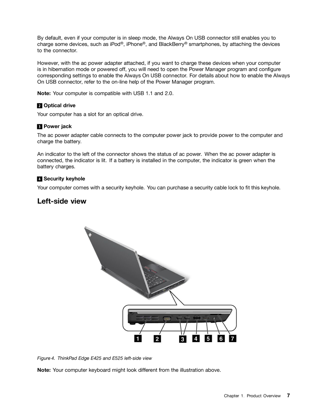 Lenovo E425, E525 manual Left-side view, Optical drive, Power jack, Security keyhole 