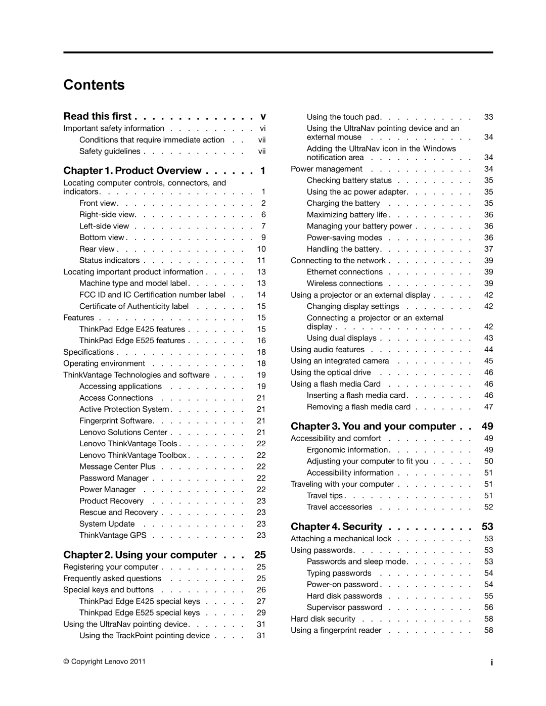 Lenovo E425, E525 manual Contents 