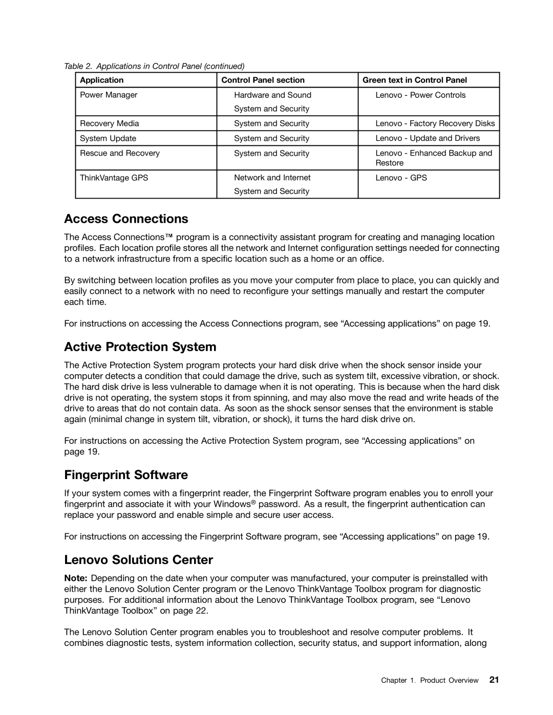 Lenovo E425, E525 manual Access Connections, Active Protection System, Fingerprint Software, Lenovo Solutions Center 