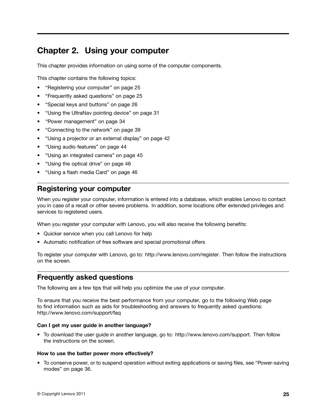 Lenovo E425, E525 manual Using your computer, Registering your computer, Frequently asked questions 