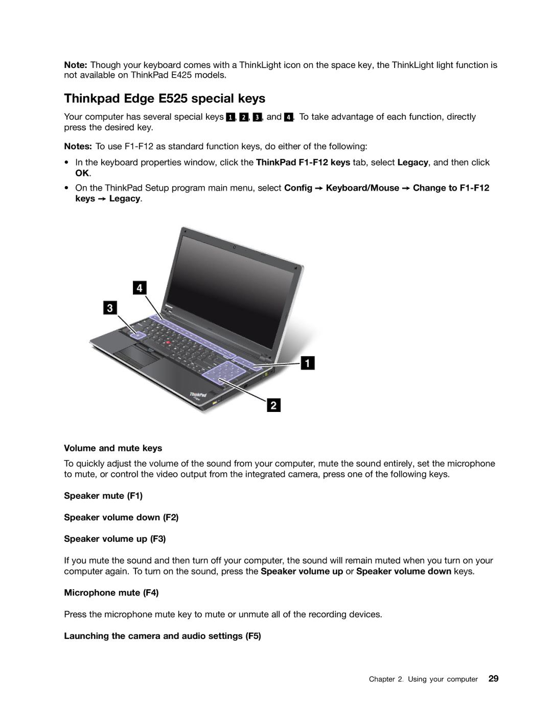 Lenovo E425 manual Thinkpad Edge E525 special keys 