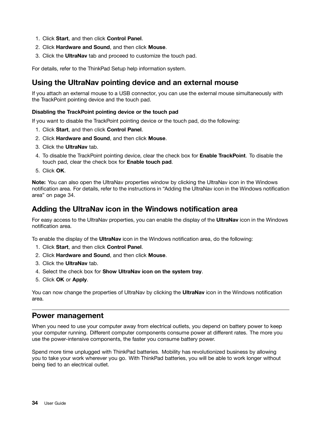 Lenovo E525, E425 manual Using the UltraNav pointing device and an external mouse, Power management 