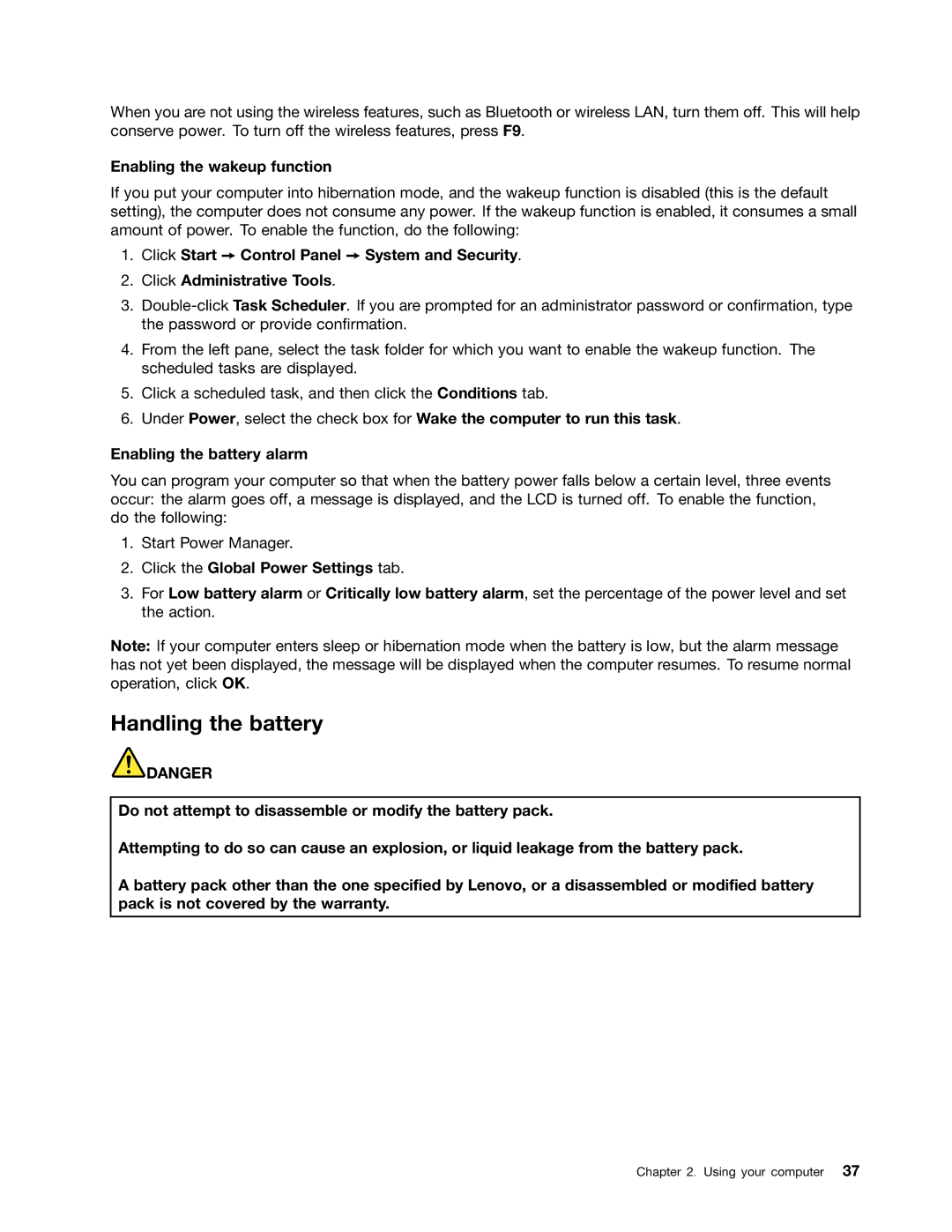 Lenovo E425, E525 manual Handling the battery, Enabling the wakeup function, Click the Global Power Settings tab 