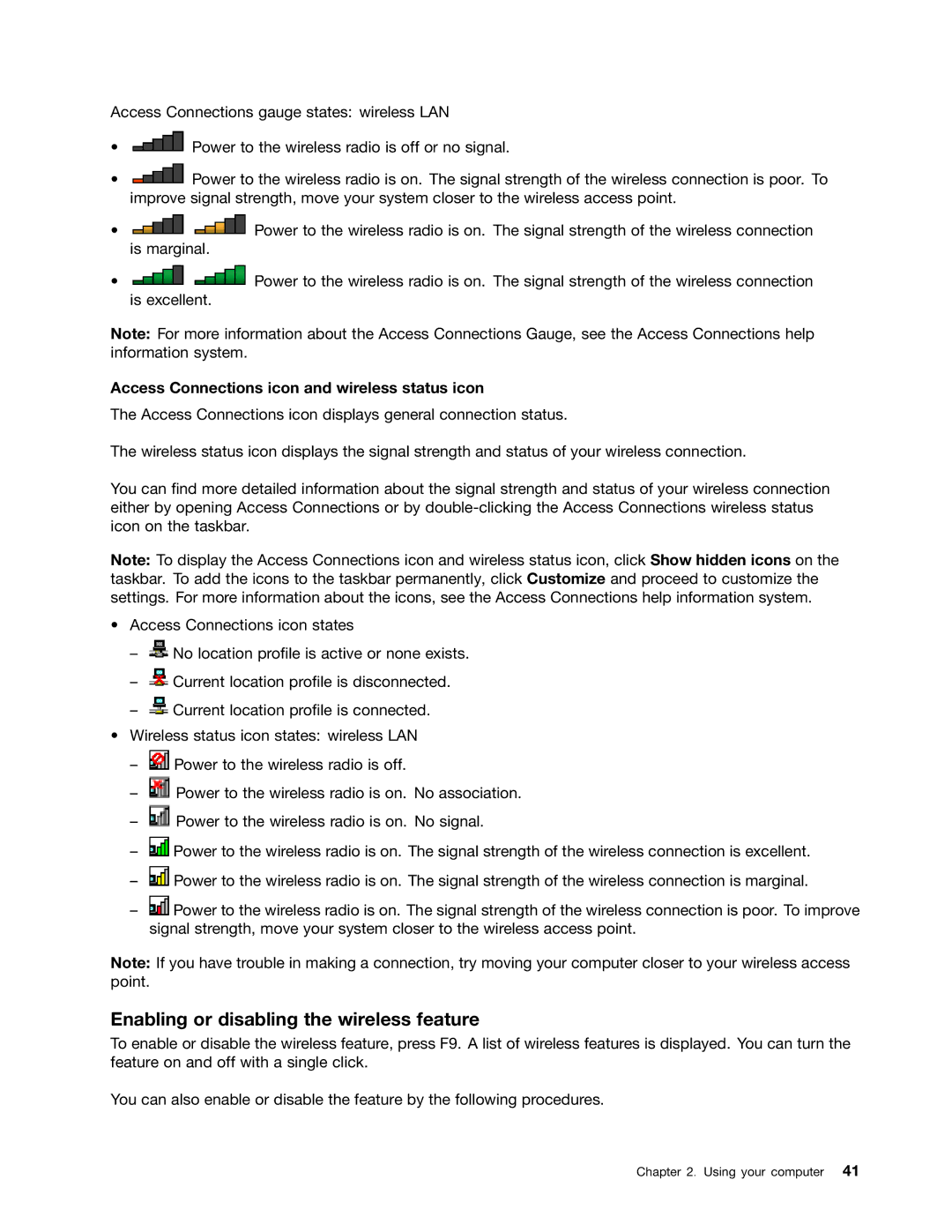 Lenovo E425, E525 manual Enabling or disabling the wireless feature, Access Connections icon and wireless status icon 