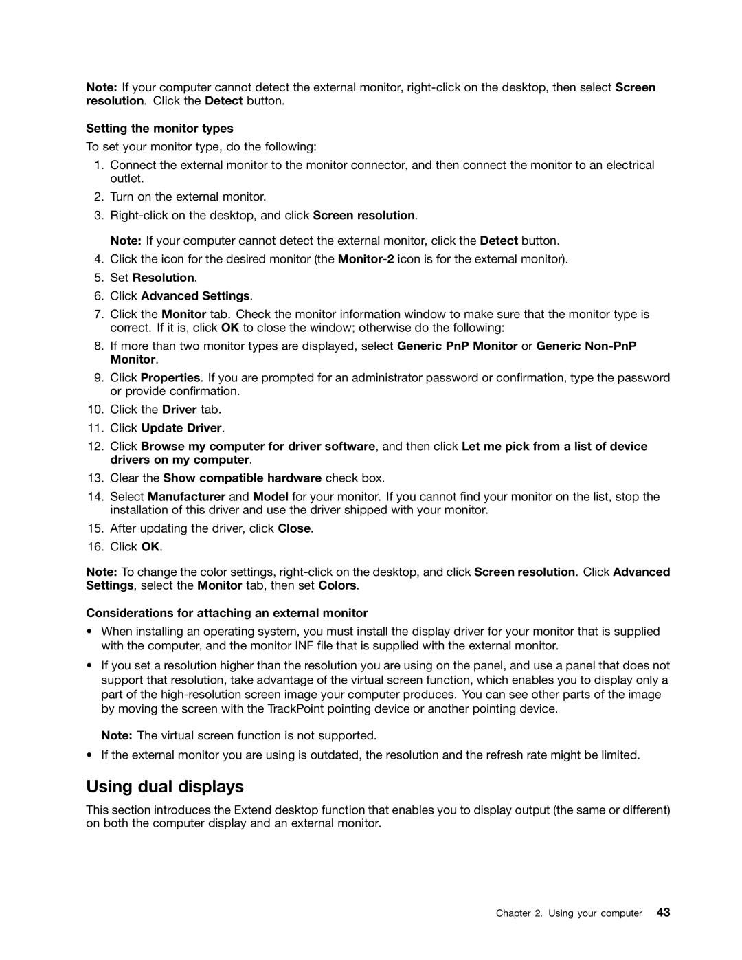 Lenovo E425, E525 manual Using dual displays, Setting the monitor types, Set Resolution Click Advanced Settings 