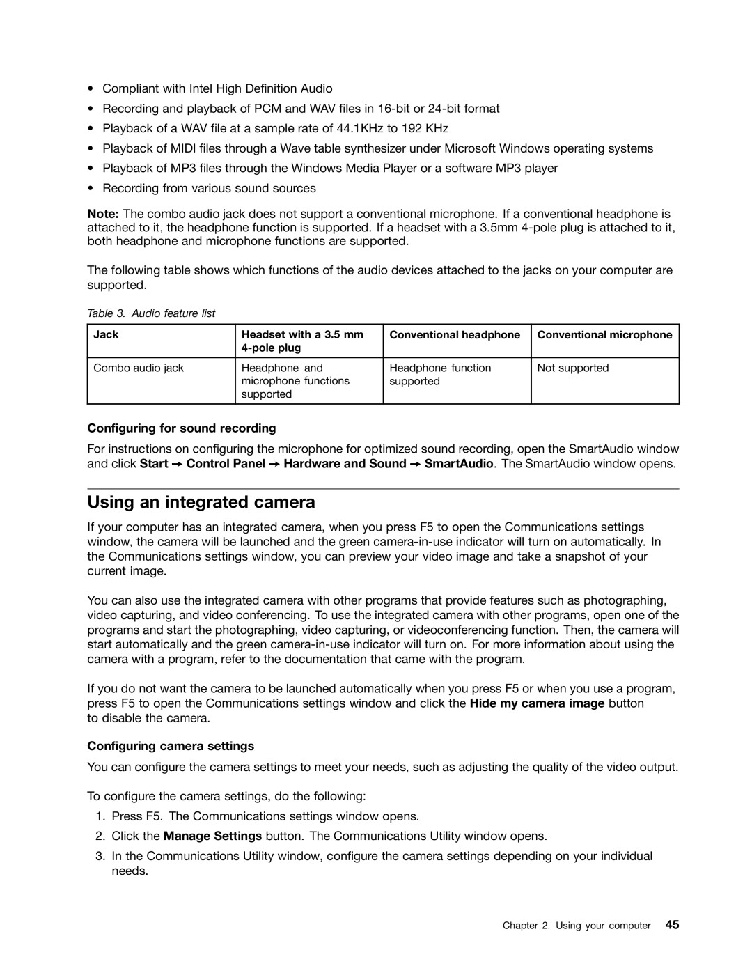 Lenovo E425, E525 manual Using an integrated camera, Configuring for sound recording, Configuring camera settings 