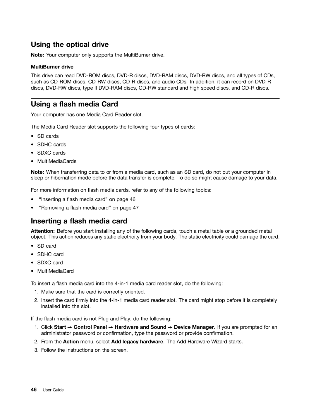 Lenovo E525, E425 manual Using the optical drive, Using a flash media Card, Inserting a flash media card, MultiBurner drive 