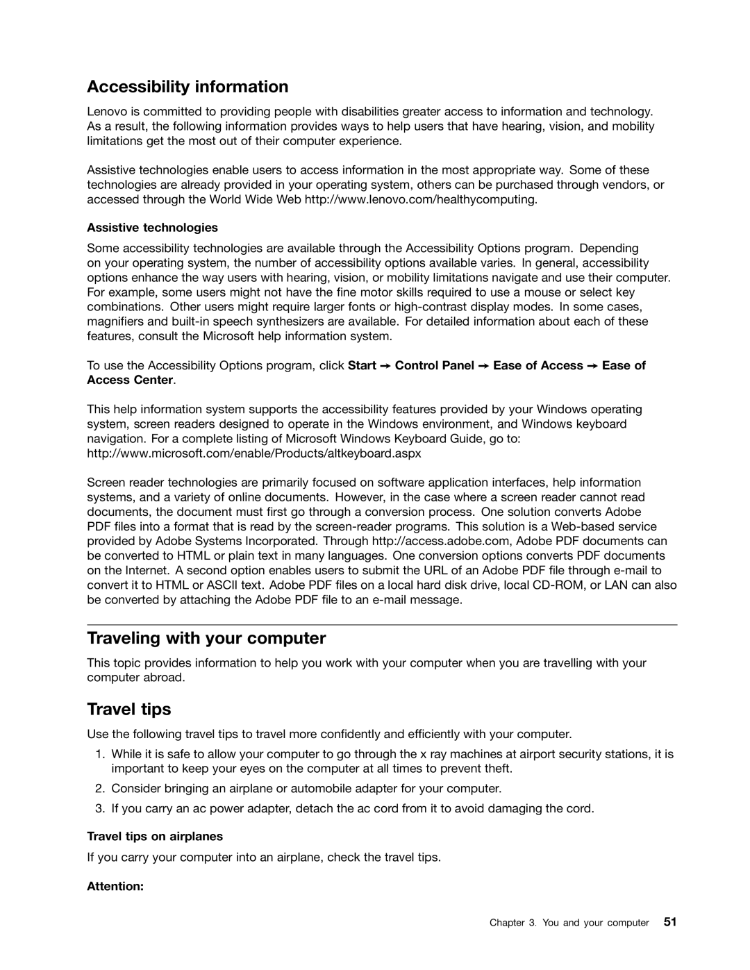 Lenovo E425, E525 manual Accessibility information, Traveling with your computer, Travel tips, Assistive technologies 