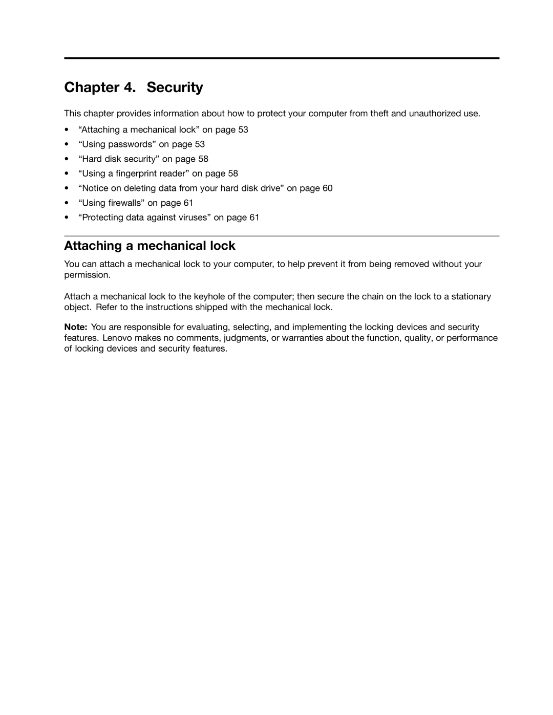 Lenovo E425, E525 manual Security, Attaching a mechanical lock, Using passwords, Passwords and sleep mode 