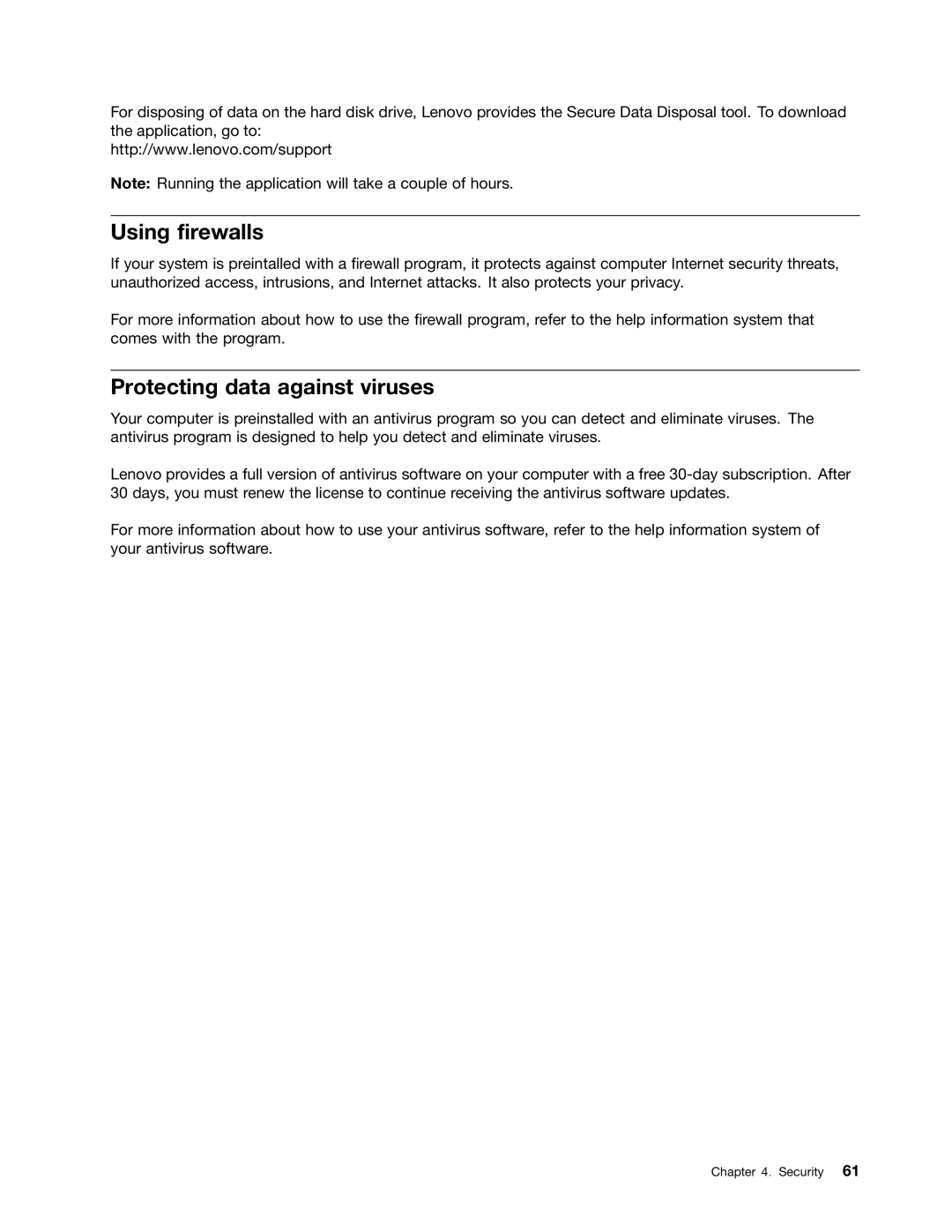 Lenovo E425, E525 manual Using firewalls, Protecting data against viruses 