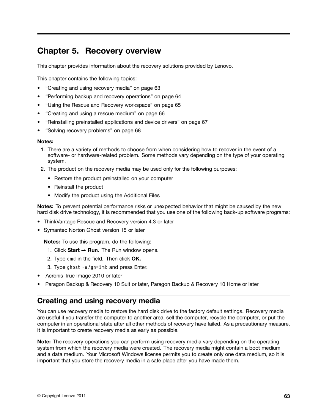 Lenovo E425, E525 manual Recovery overview, Creating and using recovery media 